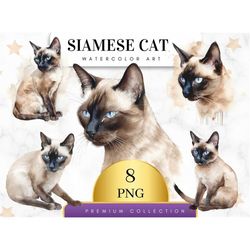 Set of 8, Siamese Cat Clipart, Watercolor Siamese Cat PNG Bundle, Cute Pet Portrait, Cat PNG, Junk Journal, Digital Plan