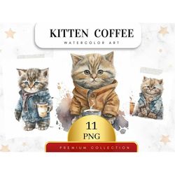 Set of 11, Watercolor Cats and Coffee, Coffee Cup PNG, Cat Lover, Nursery Art, Printable Kitten Art, Kitten Clipart, Cof