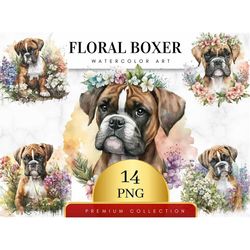Set of 14, Watercolor Boxer Dog Clipart, Spring Boxer Dog With Flowers, Cute Dog PNG, Dog Portrait, Dog Digital Illustra