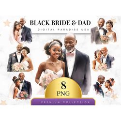Set of 8, Black Bride and Dad Clipart, African American Wedding, Bride and Groom PNG, Couple Clipart, Wedding Day Clipar