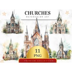 Set of 11, Watercolor Wedding Church and Pews, Wedding Clipart, Church Clipart, Church Art Bundle for Paper Craft, Card