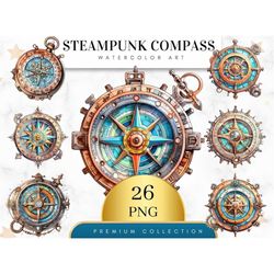 Set of 26, Steampunk Compass Clipart, Vintage Compass PNG, Victorian Nautical Art, Retro Clipart, Sublimation Png, Wall