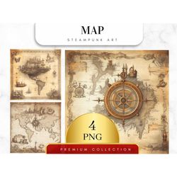 Set of 4, Steampunk Map Clipart, Watercolor Steampunk Png, Steampunk Art, Steampunk Print, Sublimation Png, Map Clip art