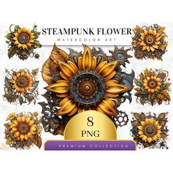 Set of 8, Steampunk Flower Clipart, Flower PNG, Vintage Flower, Retro Floral, Junk Journal, Floral Clipart, Sublimation