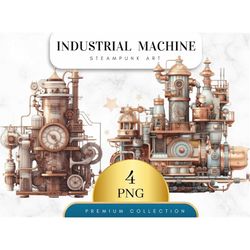 Set of 4, Steampunk Industrial Machines Clipart, Watercolor Steampunk Png, Steampunk Clip Art, Steampunk Print, Sublimat