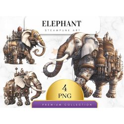 Set of 4, Steampunk Elephant Clipart, Watercolor Steampunk Png, Steampunk Art, Steampunk Print, Sublimation Png, Elephan