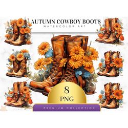 Set of 8, Autumn Cowboy Boots Clipart, Western Boots PNG, Fall Clipart, Cowboy Boot Bundle, Sublimation PNG, Printable A
