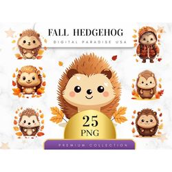 Set of 25, Fall Hedgehog Clipart, Hedgehog PNG, Autumn Animals, Woodland Animals, Sublimation, Nursery Png, Junk Journal