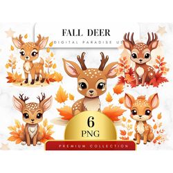 Set of 6, Fall Deer Clipart, Deer PNG, Autumn Deer, Woodland Animals, Animals Clipart, Sublimation PNG, Watercolor Deer,
