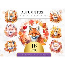 Set of 16, Autumn Fox Clipart, Fox PNG, Fall Fox Art, Watercolor Fox, Woodland Animal, Digital Download, Sublimation PNG