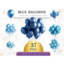 Set of 37, Blue Balloons Clipart, Balloon PNG, Party Decor Clipart, Birthday Clipart, Balloon Bundle, Nursery Art, Subli