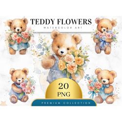 Set of 20, Watercolor Teddy Bear with Flowers, Teddy Bear PNG, Nursery Art, Cute Teddy Clipart, Sublimation Png, Teddy B