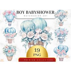 Set of 19, Watercolor Babyshower Balloon Clipart, Baby Boy Balloon, Blue Balloon Clipart, Party Balloon PNG, Baby Shower