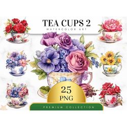 Set of 25, Watercolor Vintage Teacup Clipart, Tea Time art, Flower Teacup Png, Scrapbook, Junk Journal, Digital Art, Sub