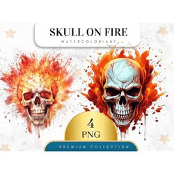 Set of 4, Watercolor Skull on Fire PNG, Skull on Fire Clip Art PNG, Gothic Clipart, Fantasy Clipart, Witch Png, Wiccan C