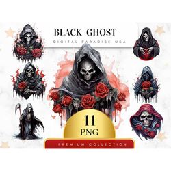 Set of 11, Black Ghost Clipart, Halloween Ghost PNG, Spooky Ghost Art, Ghost Clipart, Halloween Clipart, Sublimation Png