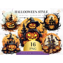 Set of 16, Halloween Style Clipart, Witch Clipart, Pumpkin Clipart, Trick or Treat Clipart, Halloween Bundle, Sublimatio