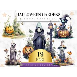 Set of 19, Halloween Gardens Clipart Bundle, Pumpkin Clipart, Ghost Clipart, Witch Clipart, Halloween Sublimation, Wall