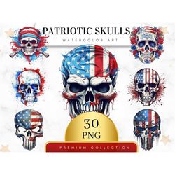 Set of 30, Watercolor Patriotic Skulls, Patriotic Skull Clip Art PNG, Gothic Clipart, Fantasy Clipart, Witch Png, Wiccan