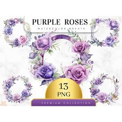 Set of 13, Watercolor Purple Rose Wreath, Floral Frame Clipart, Watercolor Floral, Flower Art, Wedding Clipart, Floral W