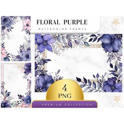Set of 4, Watercolor Floral Purple Rectangular Frames, Floral Clipart, Watercolor Frame, Watercolor Clipart, Botanical C