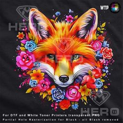 Vibrant Fox with Flowers Electric Color Style Digital Download for Black Garment Colorful Fox Art Colorful Fox Painting