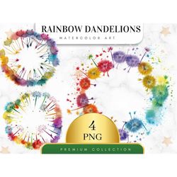 Set of 4, Rainbow Dandelions Clipart, Watercolor Dandelions, Dandelion PNG, Boho Flowers, Floral Clipart, Sublimation Cl