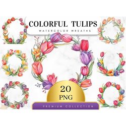 Set of 20, Watercolor Colorful Tulips Wreath, Floral Clipart , Watercolor Frame, Watercolor Spring Clipart, Botanical Cl