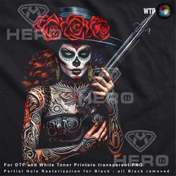 Steampunk Vintage Rebel Chicano Lady with Shotgun Sugar Skull Tattoo woman Black Hat and Red Roses Image Digital Downloa