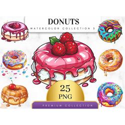 Set of 25, Watercolor Donuts Art, Donuts Clip Art, Dessert Clipart Bundle, Sweet Bakery Food Clipart, Donut png, Food cl