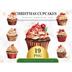 Set of 19, Christmas Cupcakes Clipart, Holiday Cupcake, Festive Cupcake, Dessert Clipart, Bakery Clipart, Sublimation PN