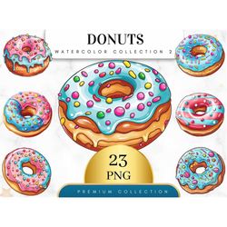 Set of 23, Watercolor Donuts Art, Donuts Clip Art, Dessert Clipart Bundle, Sweet Bakery Food Clipart, Donut png, Food cl
