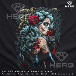 Mothers day Day dead png Cat Lady Day of the Dead Cat Red Roses Sugar Skull DTF Png Green Eyed Mexican Queen Tattoo art