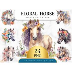Set of 24, Watercolor Floral Horse Clip Art, Floral Horse Png, Watercolor Horse Png, Card Making, Wall Art, Floral Horse