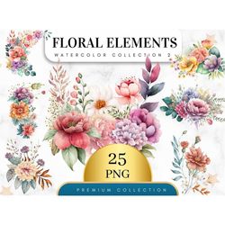 Set of 25, Watercolor Floral pattern, Watercolor Flower design, Flowers Digital Paper , Flower SVG, Watercolor Flower Cl