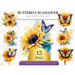 Set of 13, Watercolor Butterfly Sunflower PNG, Flower clipart, Tumbler Sublimation, Butterfly Clipart, Floral bouquet, W