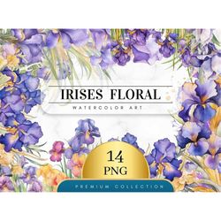 Set of 14, Watercolor Irises Clipart, Irises Floral PNG,  Floral Clipart,  Wedding Clipart,  Spring Clipart, Watercolor