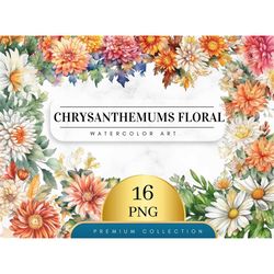 Set of 16, Watercolor Chrysanthemums Clipart, Chrysanthemums PNG,  Floral Clipart,  Wedding Clipart,  Spring Clipart, Wa