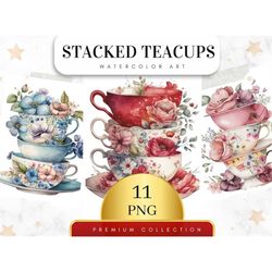 Set of 11, Watercolor Vintage Teacup Clipart, Tea Time art, Flower Teacup Png, Scrapbook, Junk Journal, Digital Art, Sub