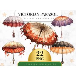 Set of 22, Victorian Parasol Clipart, Antique Umbrella PNG, Vintage Victorian, Nursery Clipart, Junk Journal, Sublimatio