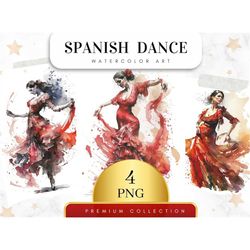 Set of 4, Watercolor Spanish Dancer Clipart, Scarlet Wall Art, Printable Watercolor, Modern Minimalist Poster, Dancing W