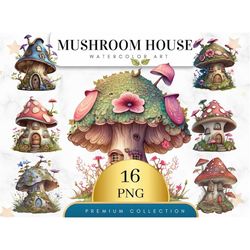 Set of 16, Mushroom Houses Clipart, Fairy Mushroom House Clipart png, Magical Mushroom House, Fantasy Mushroom Clip art,