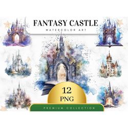 Set of 12, Fantasy Castle Watercolor Clipart, Dark Fantasy Clip Art, Fairy Tale Decor, Medieval Graphics, Wall Art, Cast