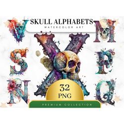 Set of 32, Watercolor Gothic Skull Alphabets Set, Gothic Skulls Clipart, Watercolor Skull Letters Clipart, Skull Alphabe