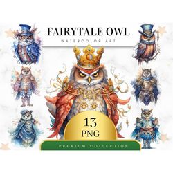 Set of 13, Watercolor Fairytale Owl Clipart, Fairytale Clipart PNG, Fantasy Owl Png, Fantasy Art Clipart, Paper Craft, W