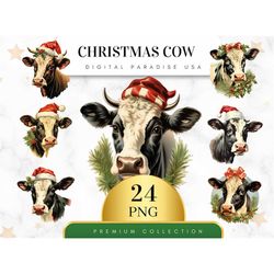 Set of 24, Christmas Cow Clipart, Cow PNG, Watercolor Christmas Cow, Holiday Clipart, Cow Sublimation, Farm Animals Clip