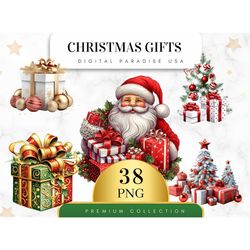 Set of 38, Christmas Gifts Clipart, Holiday Clipart, Christmas Present PNG, Gift Boxes Clipart, Christmas Decor, Santa P