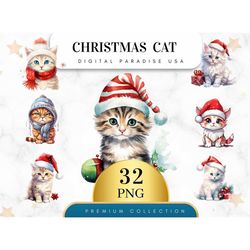 Set of 32, Christmas Cat Clipart, Cat Clipart, Cat PNG, Holiday Cat, Cat Scrapbook, Christmas Bundle, Sublimation Clipar