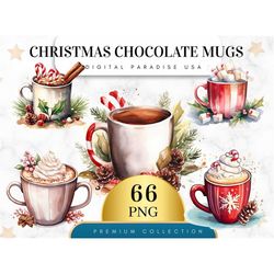 Set of 66, Christmas Chocolate Mugs Clipart, Hot Cocoa Clipart, Holiday Drink Clipart, Christmas Mug PNG, Sublimation PN