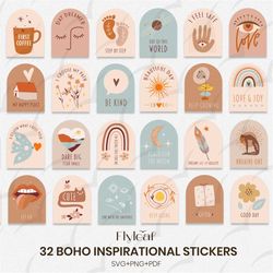 Boho Digital Stickers SVG Bundle, 32 PNG Printable Stickers, Positive Quotes, Motivational Quotes, T-shirt Sublimation,